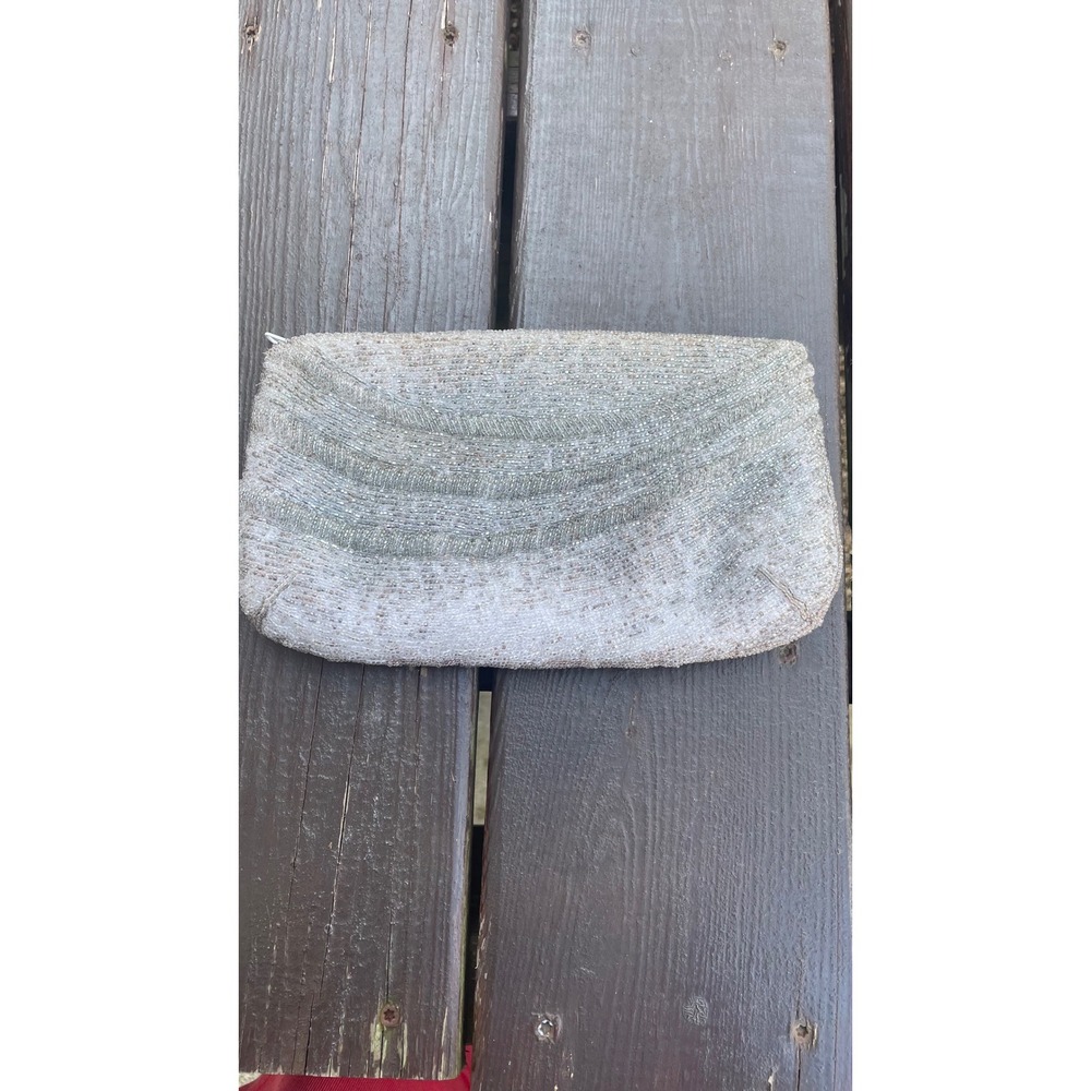 Vintage‎ Walborg Beaded Clutch Bag Silver White Iridescent Evening Zipper Pouch